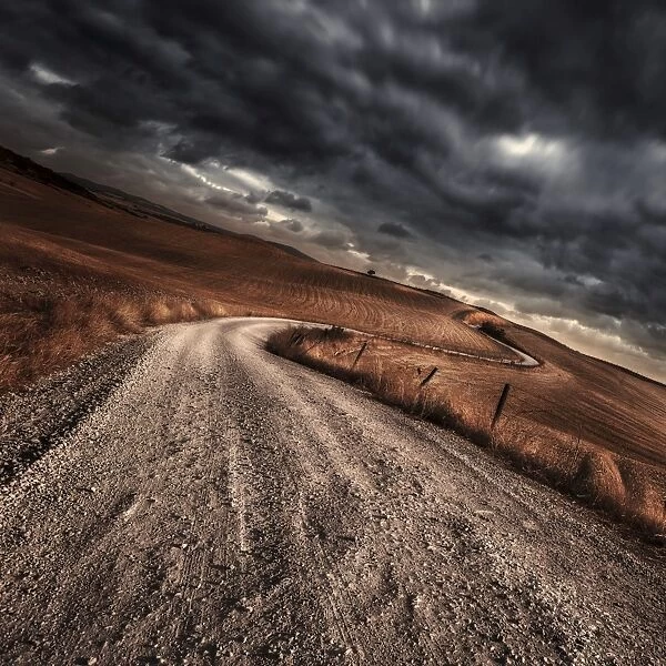 A country road in field with stormy sky above, Tuscany, Italy