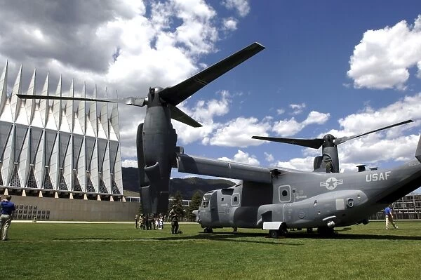 A CV-22 Osprey sits on display at the U. S. Air Force Academy