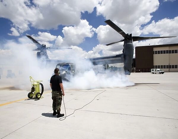 A CV-22 Osprey starts its engines at Kirtland Air Force Base