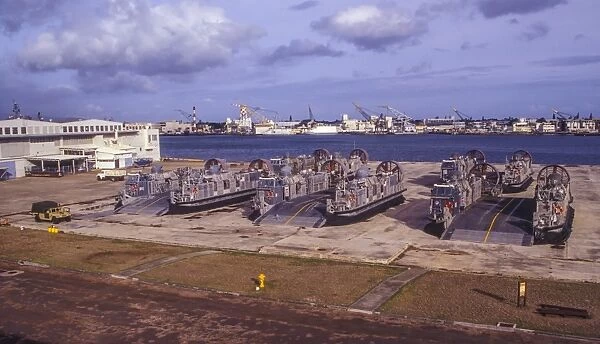 Deflated Landing Craft Air Cushion vehicles in Pearl Harbor, Hawaii