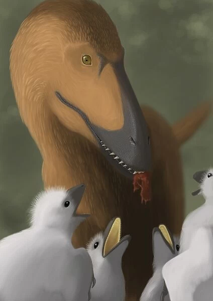 Deinonychus dinosaur feeding its young