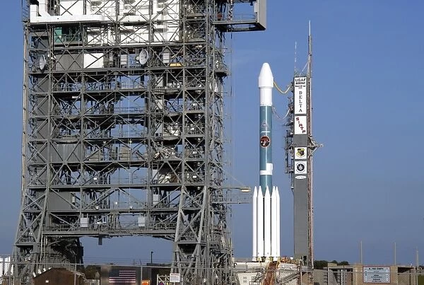A Delta II Heavy launch vehicle sits ready for launch
