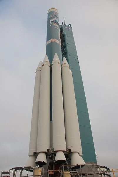 A Delta II rocket with several solid rocket motors attached