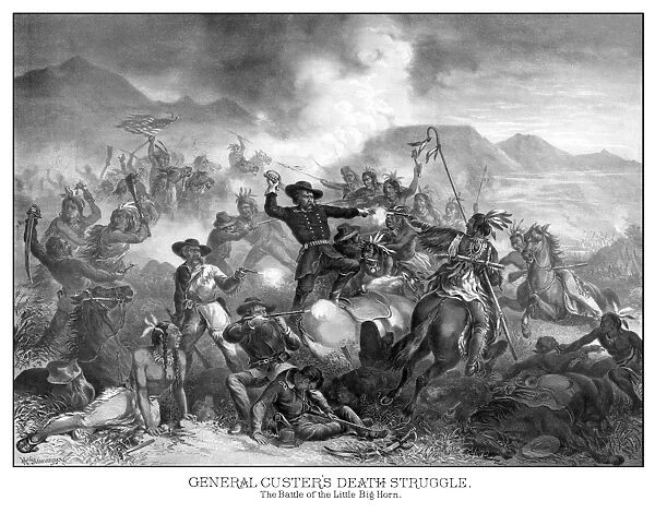Digitally restored vintage military print featuring The Battle of Little Bighorn