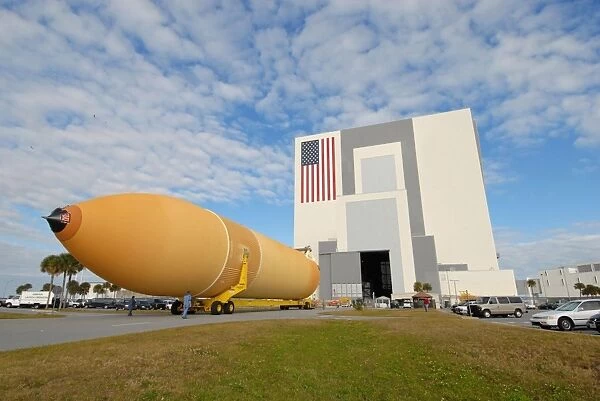 External Tank 130 rolls toward Kennedy Space Centers Vehicle Assembly Building