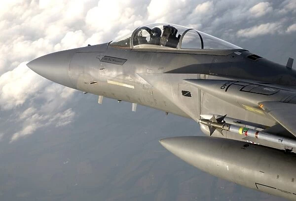 A F-15 Eagle patrols the sky during a combat air patrol mission