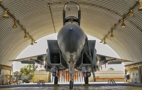 An F-15I Ra am parked in the hangar at Hatzerim Air Base, Israel