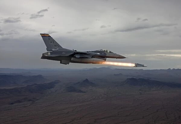 An F-16 Fighting Falcon fires an AGM-65 Maverick missile