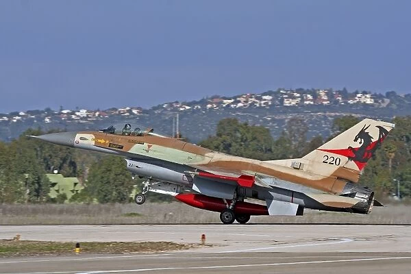 An F-16A Netz of the Israeli Air Force landing at Ramat David Air Force Base