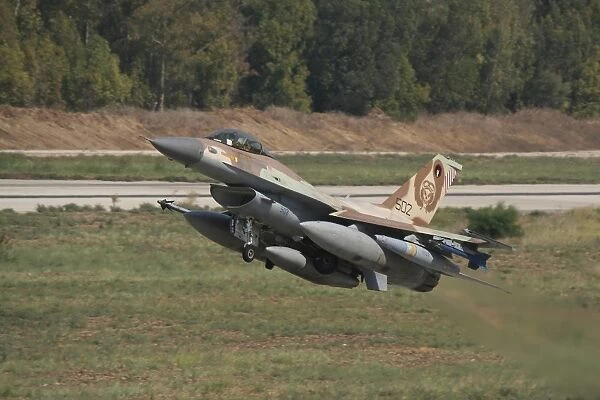 An F-16C Barak of the Israeli Air Force taking off from Hatzor Air Force Base