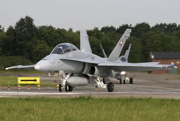 An F-18C Hornet of the Swiss Air Force taxiing for departure