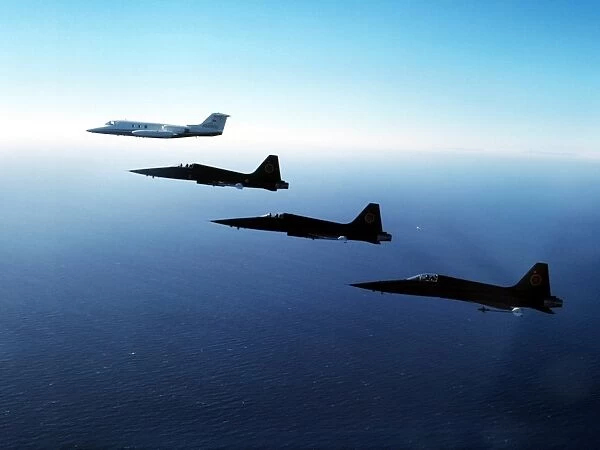 Three F-5E Tiger IIs fly in formation with a Learjet 25