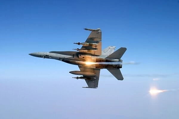 An F  /  A-18C Hornet aircraft tests its flare countermeasure system