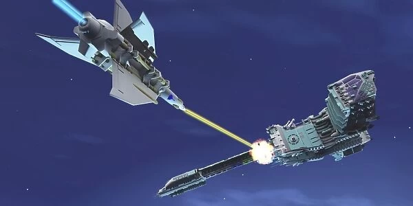 A fighter spacecraft blasts a large enemy battleship with a laser beam