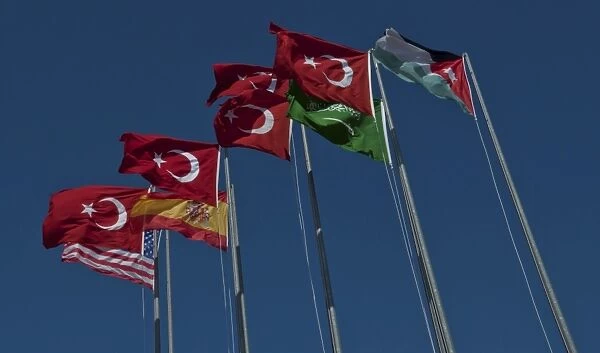 The flags of the participating nations in Anatolian Eagle 2011 are flown at Konya, Turkey