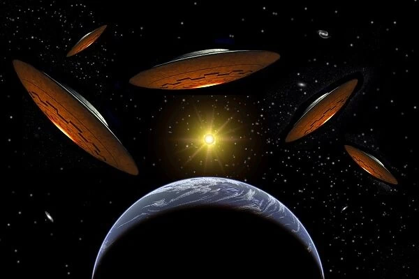A fleet of flying saucers arriving at Earth in preparation of an attack against humanity