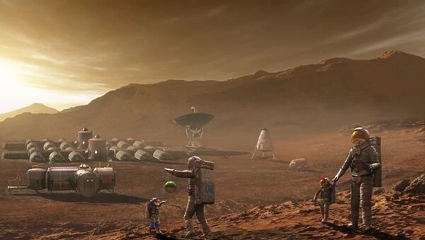 Future Mars colonists playing with children on Mars, a place they call home