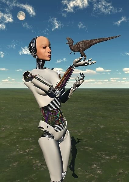 A futuristic android holding a baby Tyrannosaurus Rex in its hands