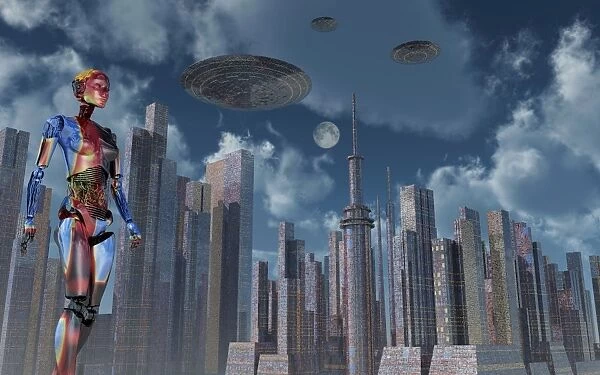 A futuristic city where robots and flying saucers are common place