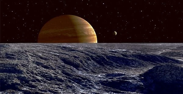 The gas giant Jupiter seen above the surface of Jupiters moon Europa