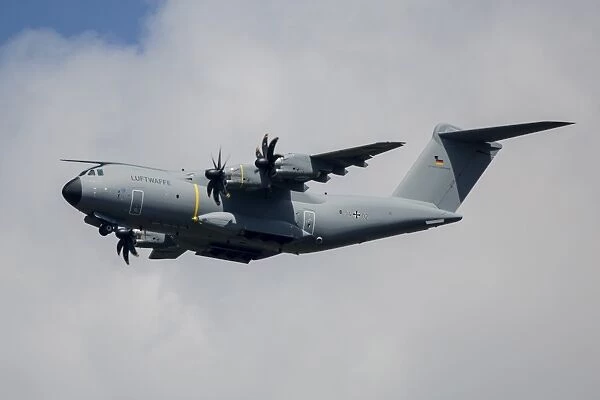 German Air Force Airbus A400M transport plane flying over Neuberg, Germany