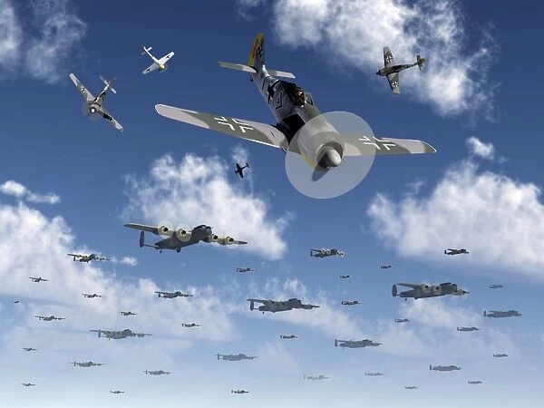 German Focke-Wulf 190 fighter aircraft attack British Lancaster bombers