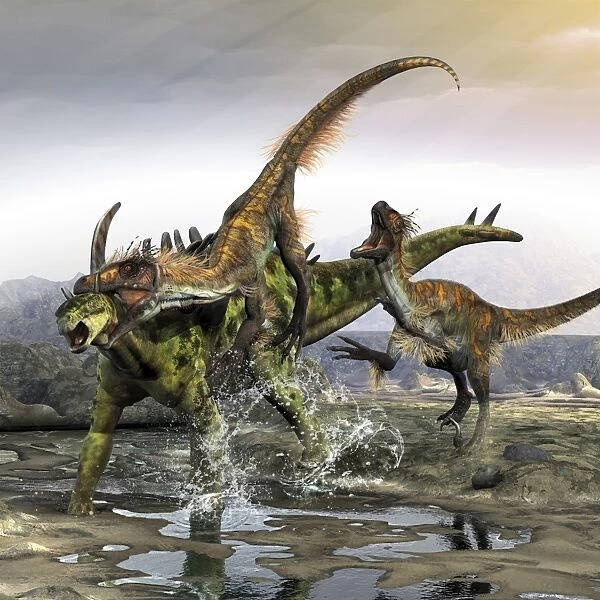 A Gigantspinosaurus is attacked by a pair of Utahraptors
