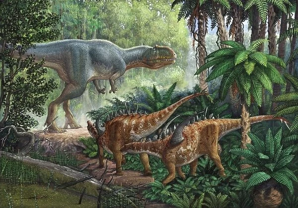 Two Gigantspinosaurus fearful at the sight of a large Yangchuanosaurus