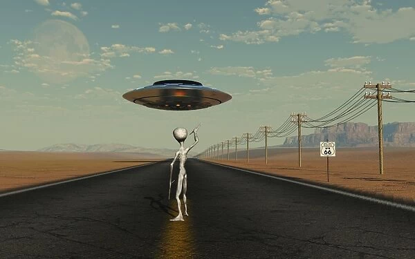 A Grey Alien hitching a ride from a passing UFO