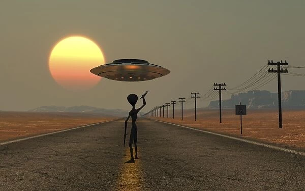 A Grey Alien hitching a ride from a passing UFO