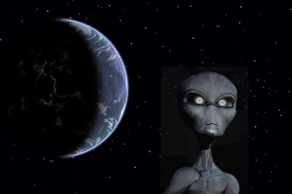 A Grey Alien with planet Earth in the background