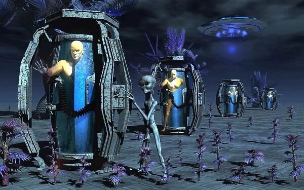 Grey Aliens awaking humanoid clones in bio-transport containers