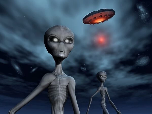 Grey Aliens and their flying saucer, visiting Earth