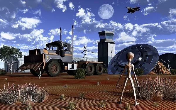 Grey Aliens recovering their flying saucer from a crash site
