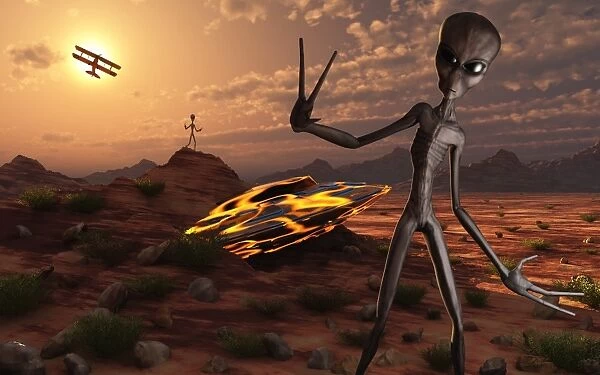 Grey aliens at the site of their UFO crash