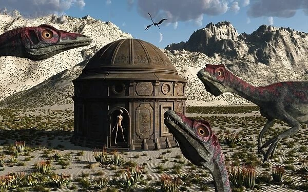 A group of Compsognathus dinosaurs gather around a lone reptoid building