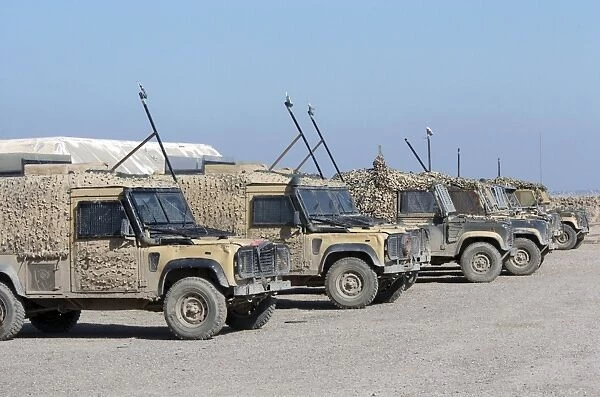 A group of Snatch Land Rover patrol vehicles used by the British Army