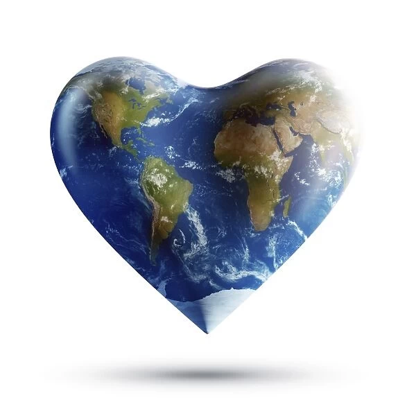 Heart-shaped planet Earth on a white background