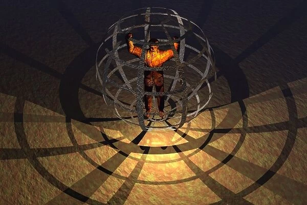 A human figure trapped in a prison cage