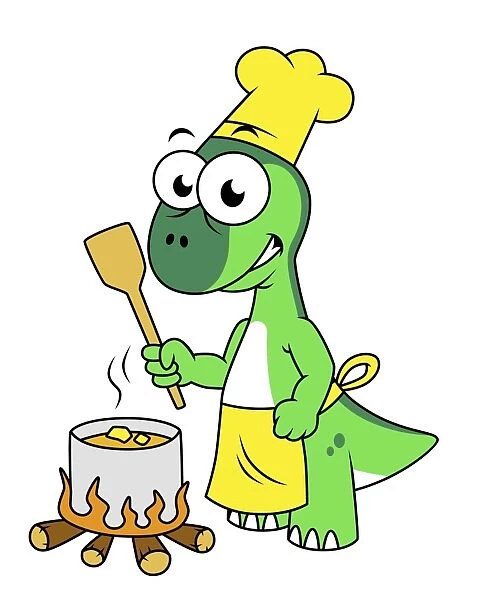 Illustration of a Parasaurolophus dinosaur cooking