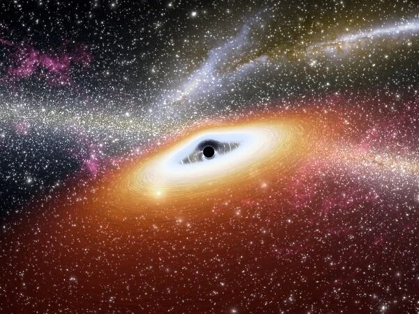 Illustration of a supermassive black hole at the core of a young, star-rich galaxy