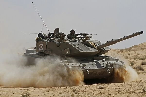 An Israel Defense Force Magach 7 main battle tank in the Negev desert