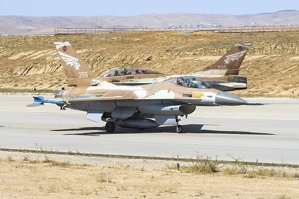 An Israeli Air Force F-16A  /  B Netz taxiing at Nevatim Air Force Base