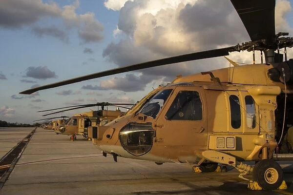 Israeli Air Force UH-60L Yanshuf helicopters parked on the flight line