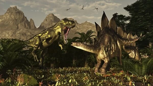 A large carnivorous Torvosaurus preying on a Stegosaurus