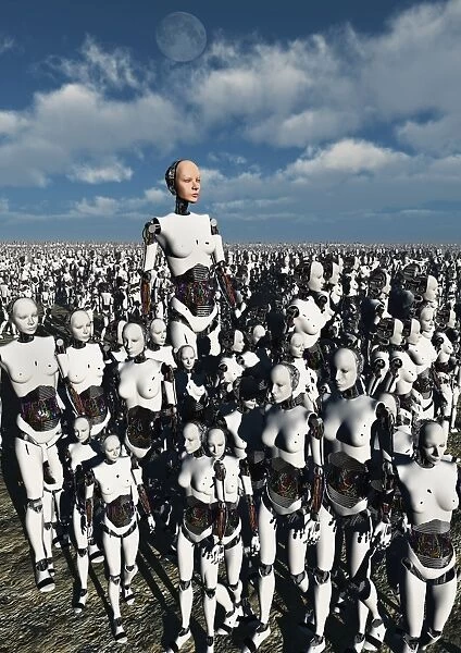 A lone android with a human flesh colored face amongst a crowd of robots
