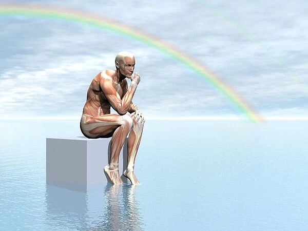 Male musculature sitting on a cube, thinking under a rainbow