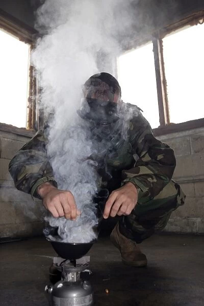 A marine fills the gas chamber with more CS gas