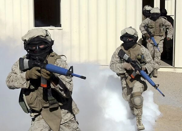 Marines cross a danger area after using a smoke grenade to conceal their movement
