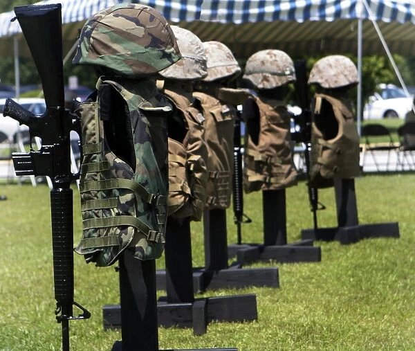 Memorials of flak jackets and protective helmets